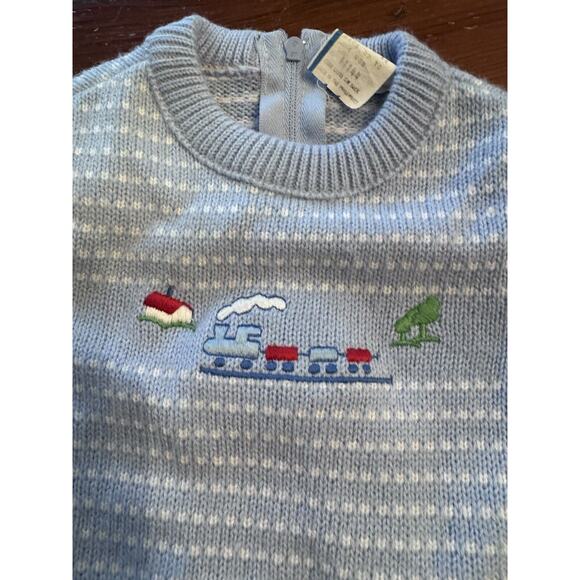 Vintage Baby Boy Blue Sweater Footed Romper Embroidered Train 0-3 Months - Picture 2 of 9